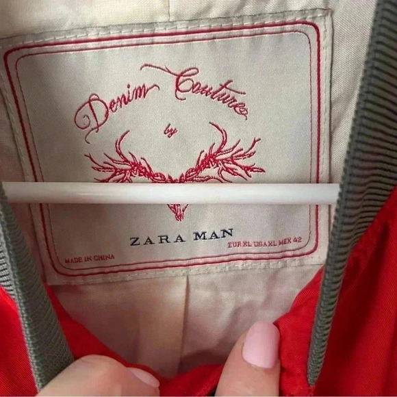 Zara Man Denim Couture Men’s Red Bomber Baseball Full Zip Jacket Size XL - Picture 3 of 8